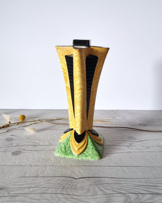 Etonia Ware Ceramic Etonia Ware, Art Deco Moderne, Elegant Series Yellow, Black and Green Segmented Vase, 1920s-30s