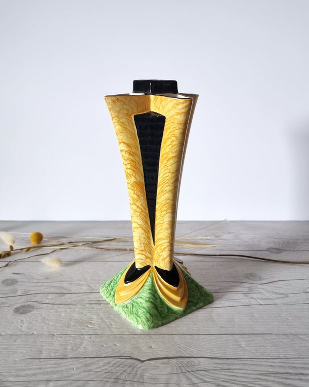 Etonia Ware Ceramic Etonia Ware, Art Deco Moderne, Elegant Series Yellow, Black and Green Segmented Vase, 1920s-30s