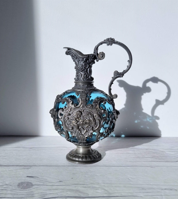 European Metals Antique c. Pre-1900 French Art Nouveau Wine Ewer in Pewter, Tin and Handblown Azure Blue Glass