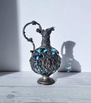 European Metals Antique c. Pre-1900 French Art Nouveau Wine Ewer in Pewter, Tin and Handblown Azure Blue Glass