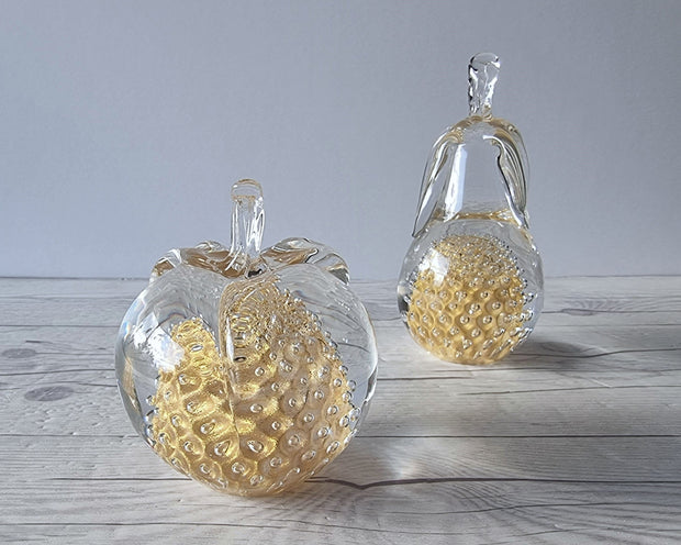 FM Konstglas Glass Fare Marcolin for FM Konstglas, 24k Gold Bullicante Art Crystal Apple and Pear, Sweden, 1960s