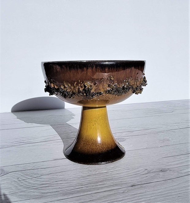 Glit Pottery Ceramic Glit Pottery, REAL Lava in Rare Dark Chocolate and Sunburst Yellow Chalice Bowl | Iceland, 1960-70s