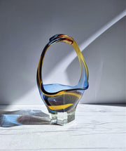 Hineri Glass Glass Iwatsu Hineri Glassworks, Sculpted Marigold, Garnet and Azur Stripe Dish,1960s-70s, Rare Form