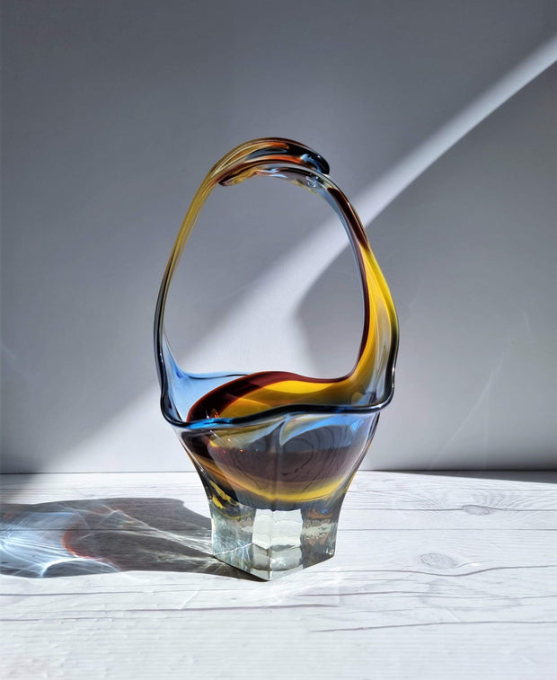 Hineri Glass Glass Iwatsu Hineri Glassworks, Sculpted Marigold, Garnet and Azur Stripe Dish,1960s-70s, Rare Form