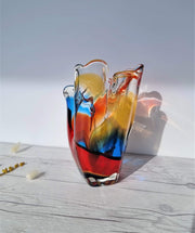 Hineri Glass Glass Iwatsu Hineri, Sculpted Apricot, Scarlet and Azure Striped Handkerchief Vase, 1960s-70s, Japanese