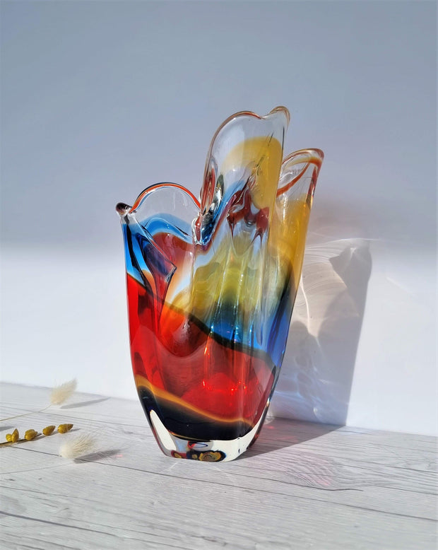Hineri Glass Glass Iwatsu Hineri, Sculpted Apricot, Scarlet and Azure Striped Handkerchief Vase, 1960s-70s, Japanese