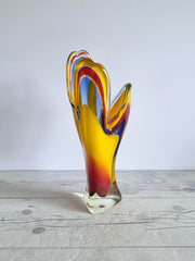 Hineri Iwatsu Glass Iwatsu Hineri Glassworks, Apricot, Scarlet and Violet Stripe 3 Lobed Vase,1960s-70s, Japanese