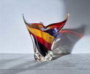 Hineri Iwatsu Glass Iwatsu Hineri Glassworks, Sculpted Apricot, Scarlet and Violet Stripe Vase,1960s-70s, Japanese