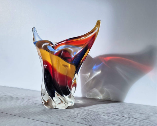 Hineri Iwatsu Glass Iwatsu Hineri Glassworks, Sculpted Apricot, Scarlet and Violet Stripe Vase,1960s-70s, Japanese