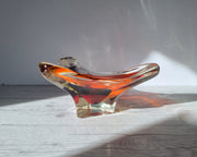 Hineri Iwatsu Glass Iwatsu Hineri Glassworks, Sculpted Scarlet, Indigo and Violet Stripe Tricorn Dish 1960s-70s