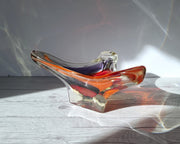 Hineri Iwatsu Glass Iwatsu Hineri Glassworks, Sculpted Scarlet, Indigo and Violet Stripe Tricorn Dish 1960s-70s