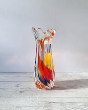 Hineri Iwatsu Glass Iwatsu Hineri, Sculpted Apricot, Scarlet and Azure Striped Twist Vase, 1960s-70s, Japanese