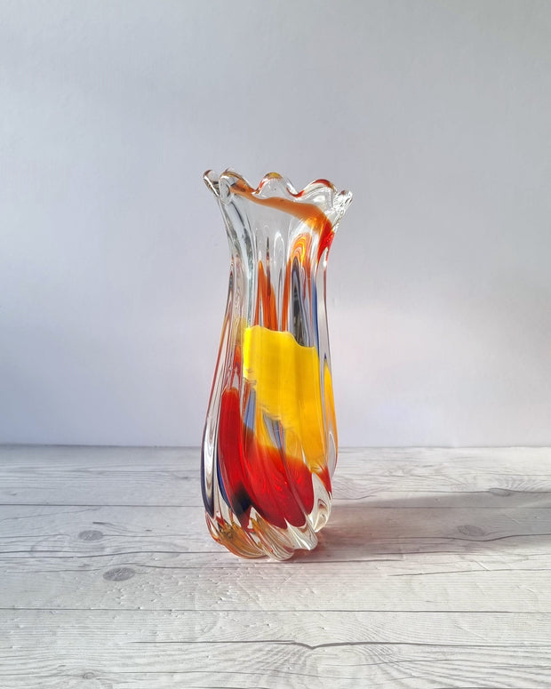 Hineri Iwatsu Glass Iwatsu Hineri, Sculpted Apricot, Scarlet and Azure Striped Twist Vase, 1960s-70s, Japanese