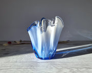 Kamei Glass Glass Kamei Glassworks, Handblown Sculpted Handkerchief Vase In Blue and White, 1960s-70s, Japanese