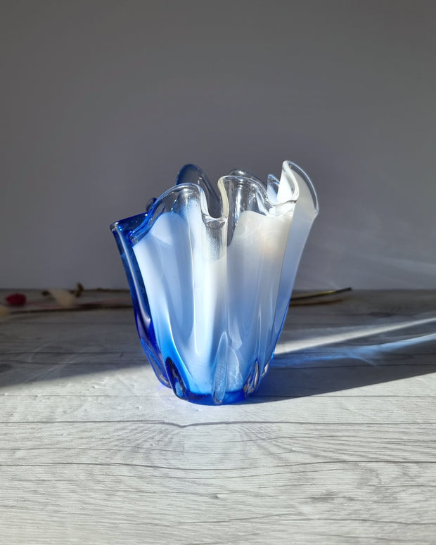 Kamei Glass Glass Kamei Glassworks, Handblown Sculpted Handkerchief Vase In Blue and White, 1960s-70s, Japanese