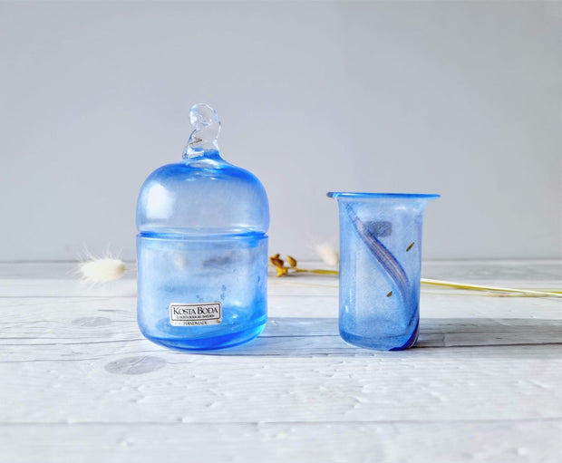 Kosta Boda Glass Glass Bertil Vallien for Kosta Boda Duo: Blue Rainbow Vase and Blue Starlight Palette Lidded Pot, Rare