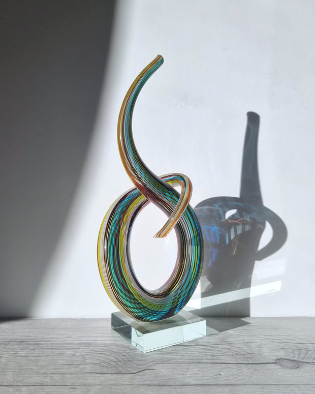 Murano Glass Filigrana Love Knot in White, Blue, Yellow and Red Palette, Abstract Art Glass Sculpture, 1980s-90s