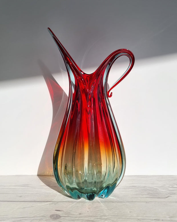 Murano Glass Murano, Handblown Venetian Art Glass Ribbed Ruby Red, Amber and Ice Palette Jug Vase, 1960s