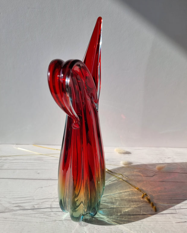 Murano Glass Murano, Handblown Venetian Art Glass Ribbed Ruby Red, Amber and Ice Palette Jug Vase, 1960s