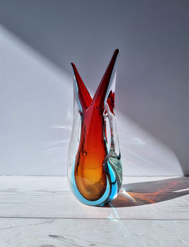 Murano Glass Murano Red, Blue and Amber Double Layer Sommerso Twin-Handled Fishtail Vase, 1960-70s, Rare Form