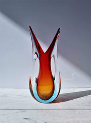 Murano Glass Murano Red, Blue and Amber Double Layer Sommerso Twin-Handled Fishtail Vase, 1960-70s, Rare Form