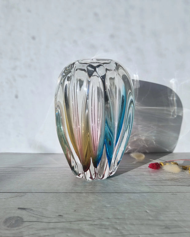 Narumi Glass Glass Sanyu Glassworks Narumi Fantasy Series Rainbow Sommerso Abstract Cacao Pod Vase, 60s-70s, Labelled