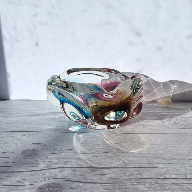 Narumi Glass Glass Sanyu Glassworks Narumi Fantasy Series Rainbow Sommerso Abstract Orchid Art Glass Bowl, 60s-70s