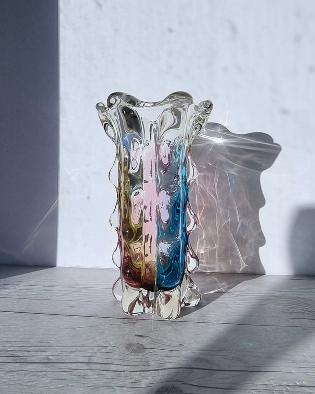 Narumi Glass Glass Sanyu Glassworks Narumi Fantasy Series Rainbow Sommerso Controlled Trails Statement Vase, 60s-70s