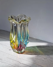 Narumi Glass Glass Sanyu Glassworks Narumi Fantasy Series Rainbow Sommerso Gathered Pleats Statement Vase, 60s-70s