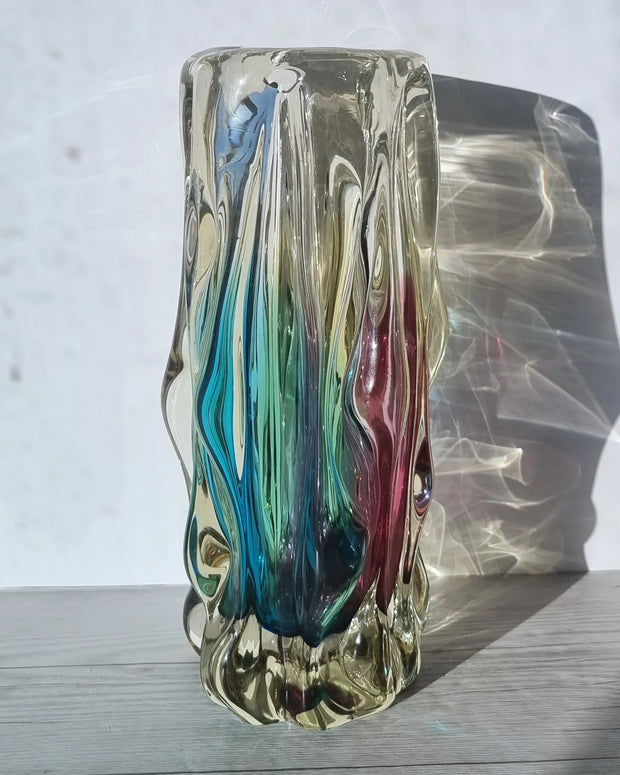 Narumi Glass Glass Sanyu Glassworks Narumi Fantasy Series Rainbow Sommerso Trailing Rain Statement Vase, 60s-70s