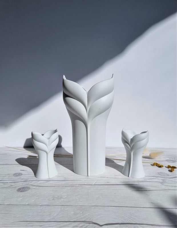 Rosenthal Porcelain Uta Feyl, Calla Series for Rosenthal, Sensual 3 Piece Bisque Vase and Candleholder Set, 1980s