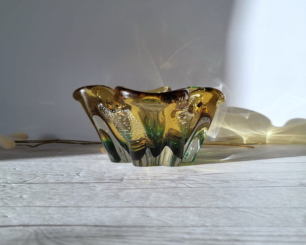 Sanyu Glassworks Glass Sanyu Glassworks Citrine Amber, Emerald Green and Silver Foil Japanese Art Glass Dish, 1960s-70s