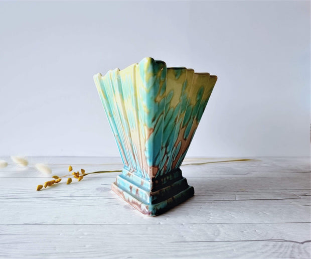 Sylvac Pottery Ceramic SylvaC att. Art Deco Aqua and Pale Chartreuse 'Lava Lamp' Glaze Pleated Fan Diamond Vase, British