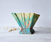 Sylvac Pottery Ceramic SylvaC att. Art Deco Aqua and Pale Chartreuse 'Lava Lamp' Glaze Pleated Fan Diamond Vase, British