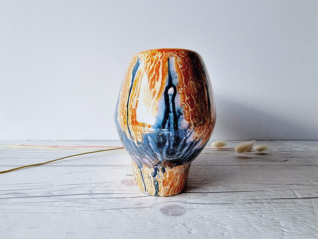 Sylvac Pottery Ceramic SylvaC Ware Mid Modernist Cobalt and Tangerine Running Lava Glaze Planter Vase, British, 1960s-70s