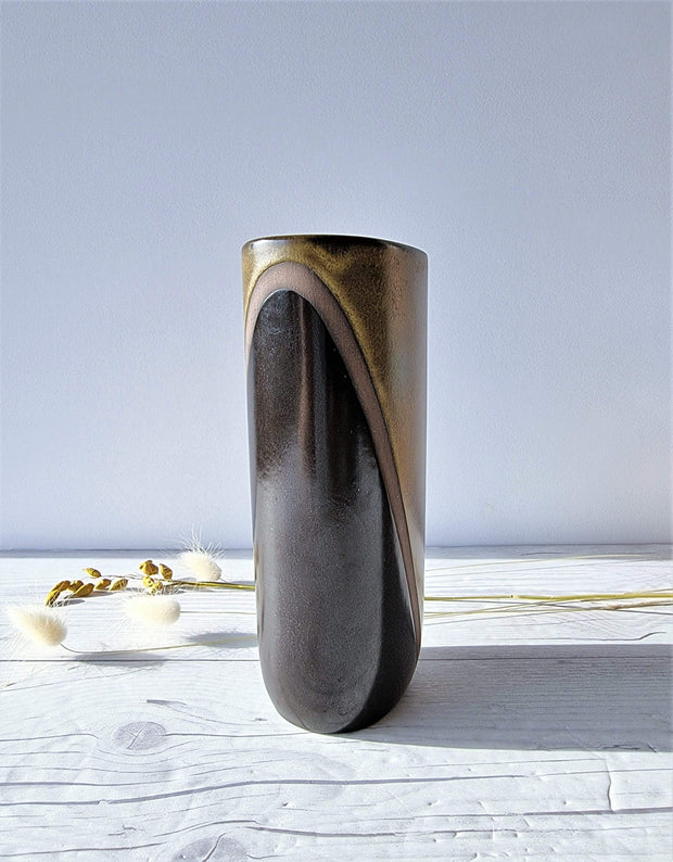 Upsala Ekeby Ceramic Hjordis Oldfors for Upsala Ekeby, 1955 'Diagonal' Series, Olive and Umber Modernist Sculptural Vase
