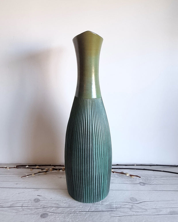 Upsala Ekeby Ceramic Hjordis Oldfors for Upsala Ekeby, 1958 Palma Series, Textured Gold and Teal Floor Vase, Sweden