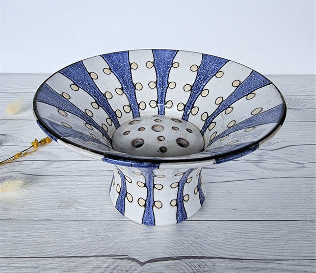 Upsala Ekeby Ceramic Mari Simmulson for Upsala Ekeby, 1956-57 Iris Series, Blue and White Stripe Polka, Wide Brim Vase
