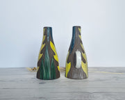Upsala Ekeby Ceramic Mari Simmulson for Upsala Ekeby, Pair of 1960 Agave Series, Incised Leaf Polychrome Glaze Jug Vases