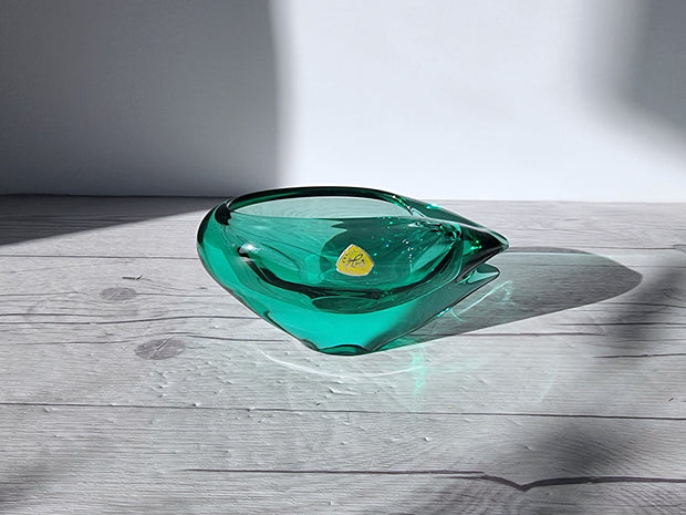 Zelezny Brod Sklo Glass Glass Miloslav Klinger for Zelezny Brod Sklo, Emerald Teal, Winged Form Bowl,  1960s-70s, Czech-Bohemia